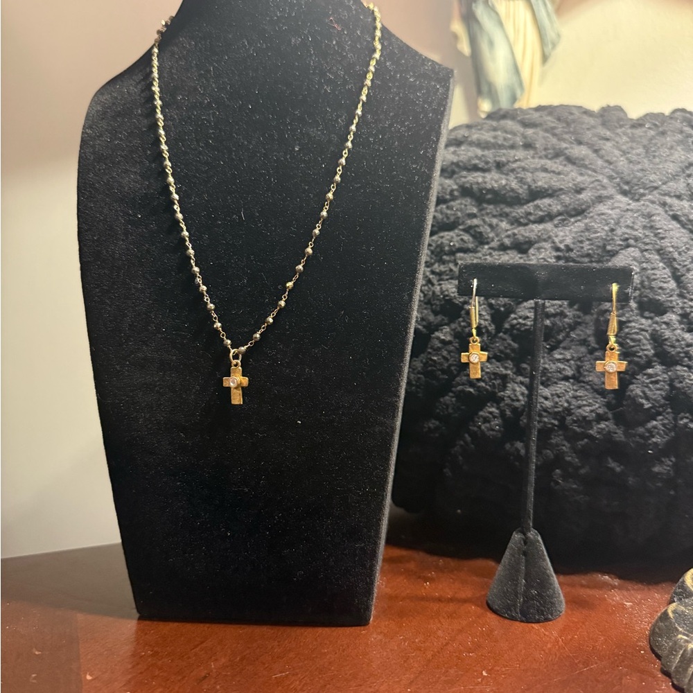 Gold Cross Necklace and Earring Set